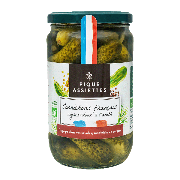 Pique Assiettes -- DDM 12.07.2024 Cornichons français aigres-doux à l'aneth bio - 360 g